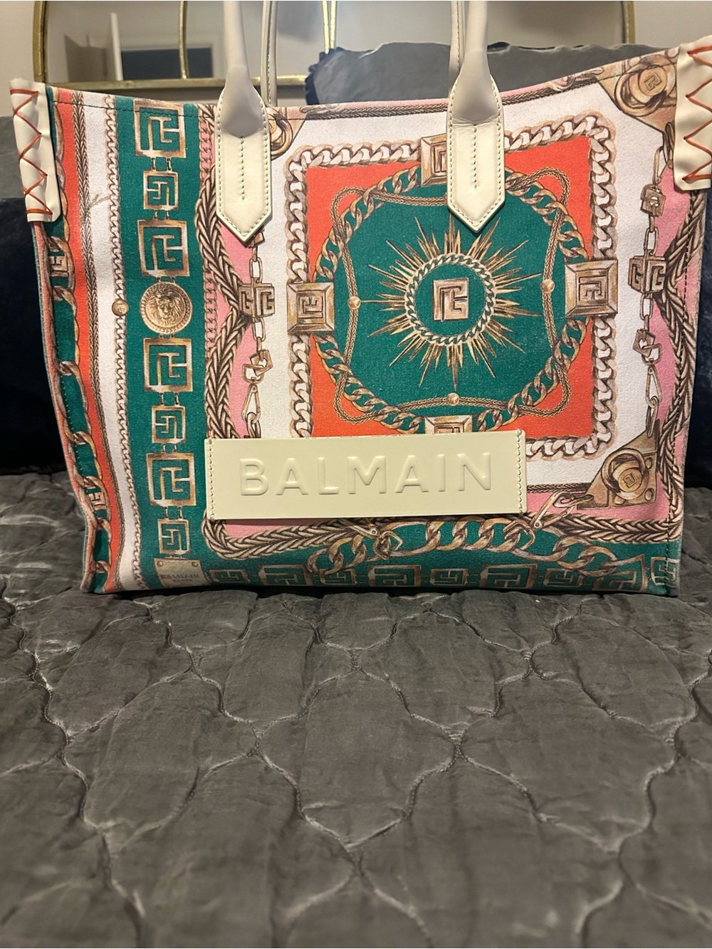 Balmain Green Coral Pink Cream Logo-Front Tote